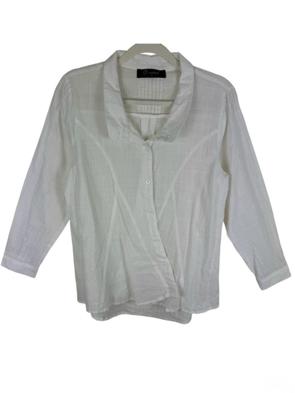 O-nelue White 100%‎ Cotton 3/4 Sleeve Collared Asymmetrical Button Up Size L